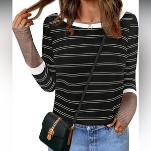 🎀 NWT NENONA Women's Long Sleeve Striped T-Shirt Crew Neck Rib Knit